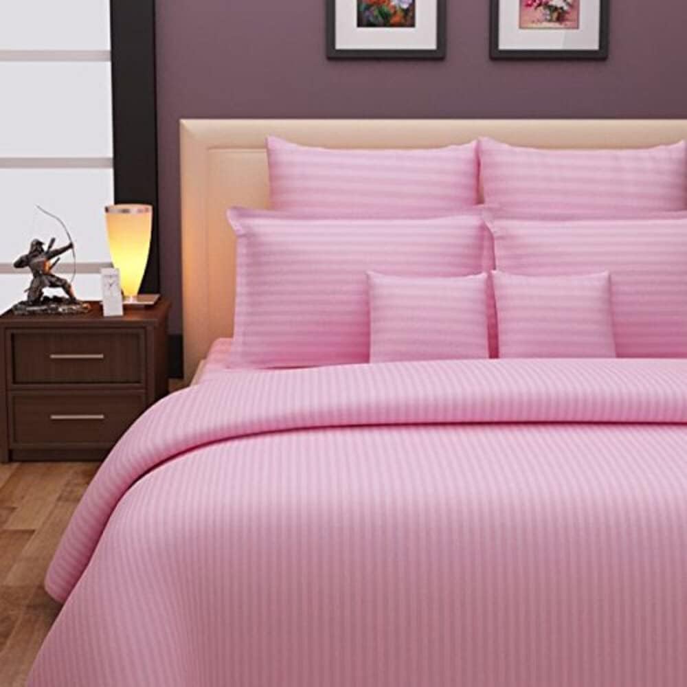 DECOR2ADMIRE 300TC Pure Cotton Plain Stripe King Size Double Bedsheet for Double Bed with Two Pillow Covers (King, Baby Pink)(10