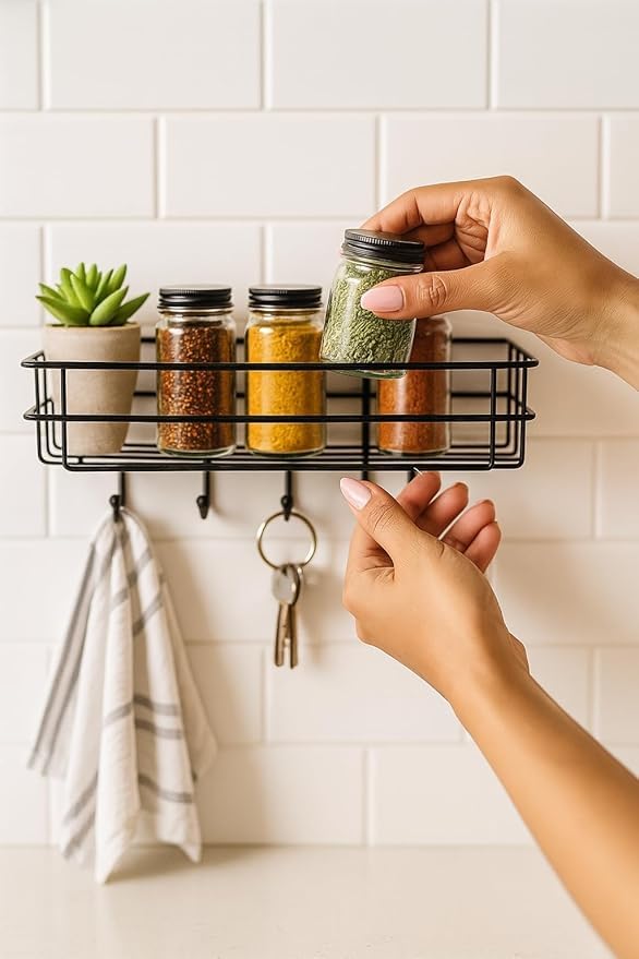 Wall Mounted Storage Shelf With Hooks, Adhesive Bathroom Organiser, Black Metal Rack For Spices And Accessories
