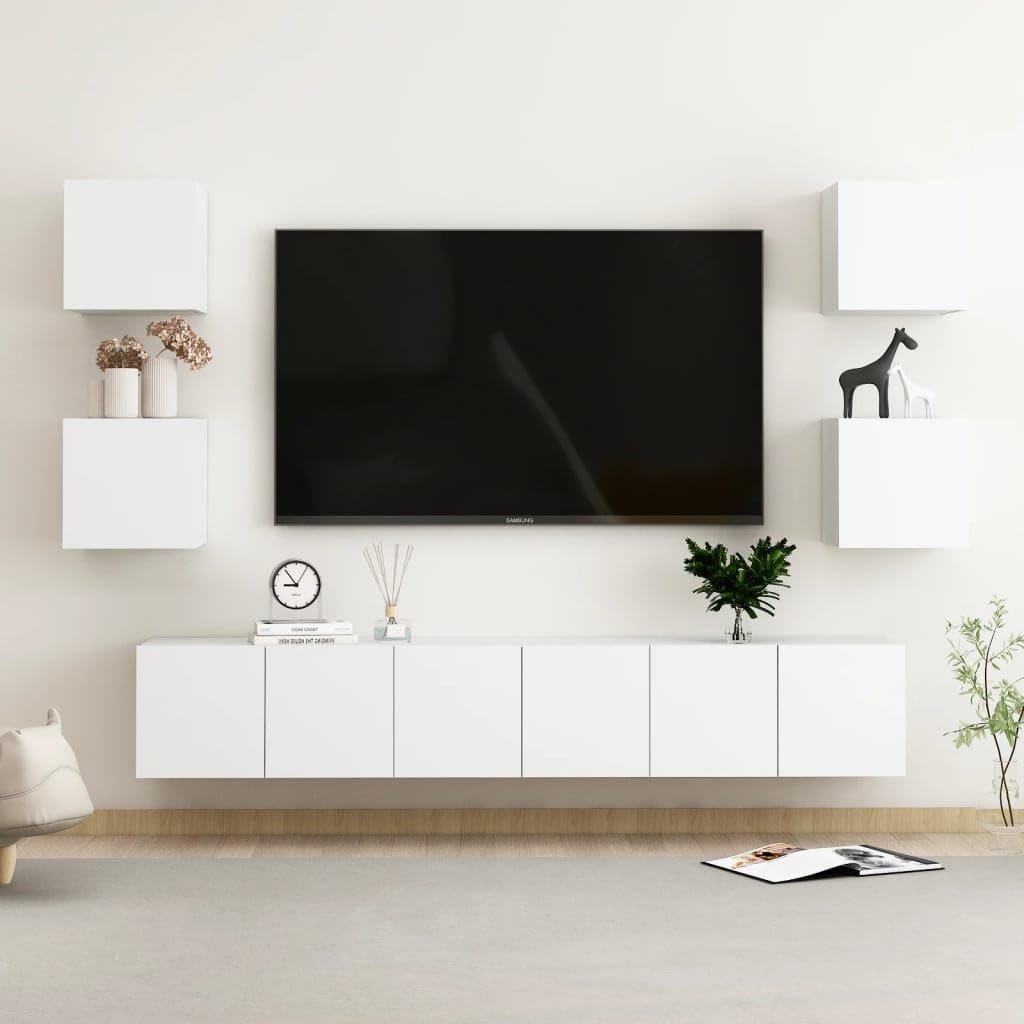 vidaXL TV Cabinet Set 7 Piece Home Indoor Living Room Entertainment Center Stereo HiFi Cabinet Media Unit Furniture White Engineered Wood