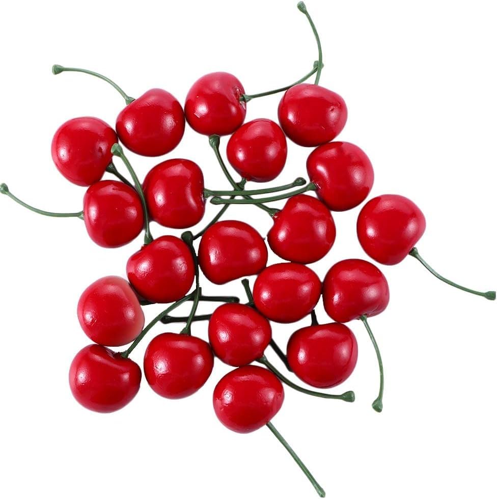 baolaili 20pcs Red Artificial Cherries, Fake Fruit Decor Simulation Cherry Model Lifelike Fruit Cherry Ornament, Home Kitchen Pa