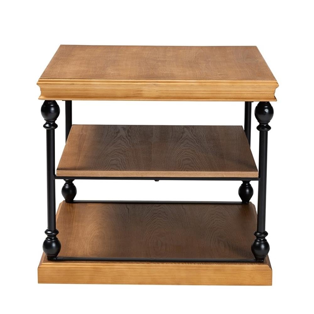 Baxton Studio Sebastian Oak Brown Wood and Black Metal 3-Tier End Table