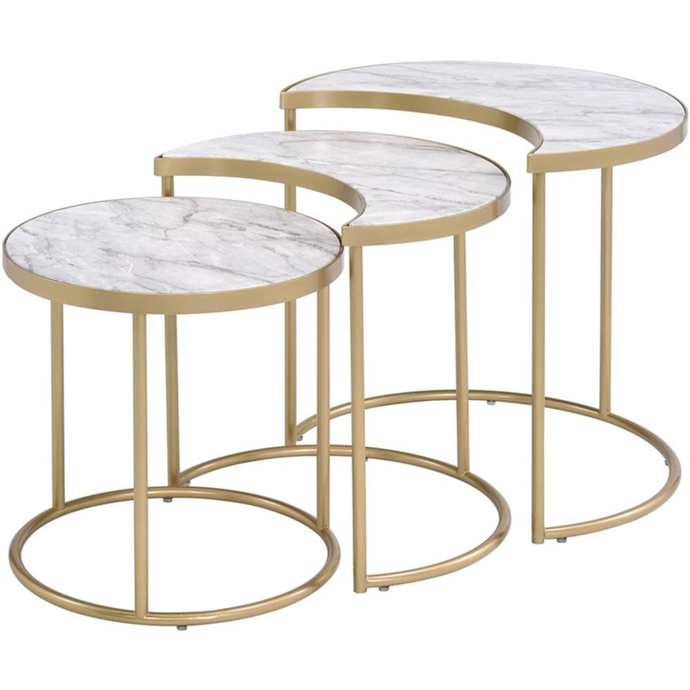 Acme Anpay 3Pc Pack Nesting Tables in Faux Marble & Gold