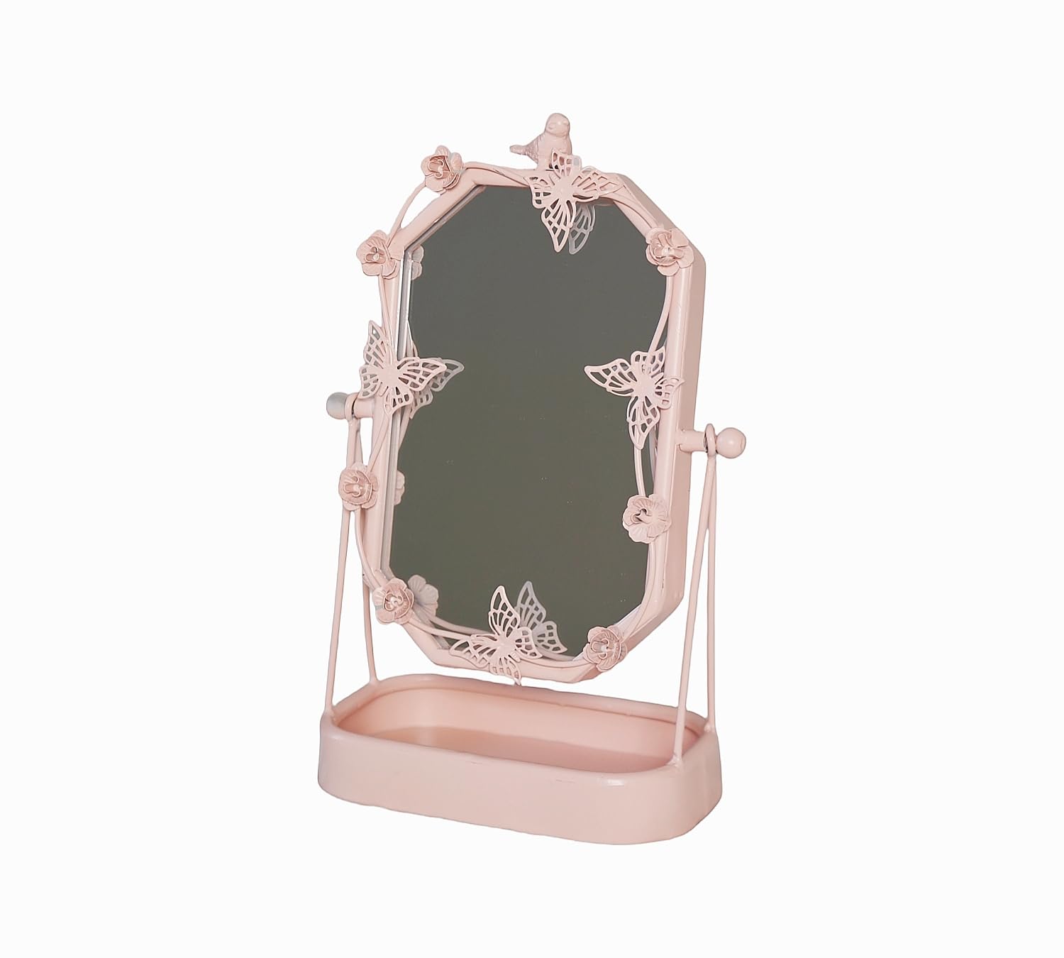 HSDDHOME Vintage Gold Tabletop Makeup Mirror, Bird & Butterfly Decorative Vanity Mirror, 12.8    x 8.2    Retro Metal Standing M
