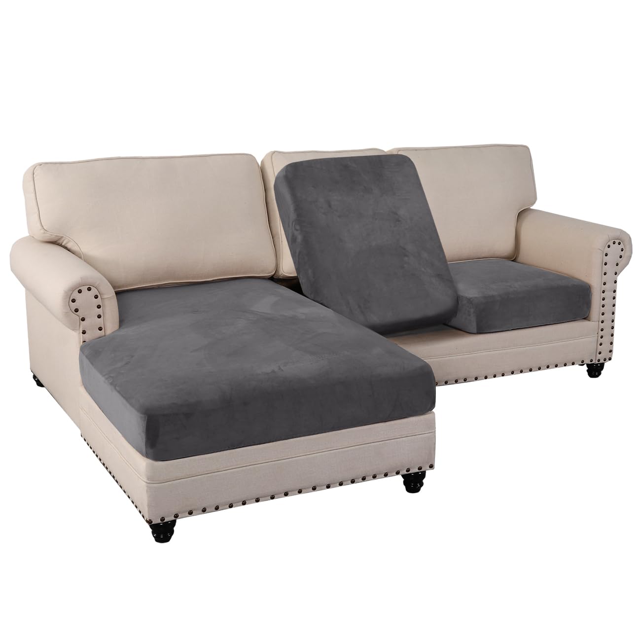 PrinceDeco Super Soft 3 Pieces Sectional Couch Covers L Shape Sectional Sofa Cover Separate Cushion Couch Chaise Cover for Pets 