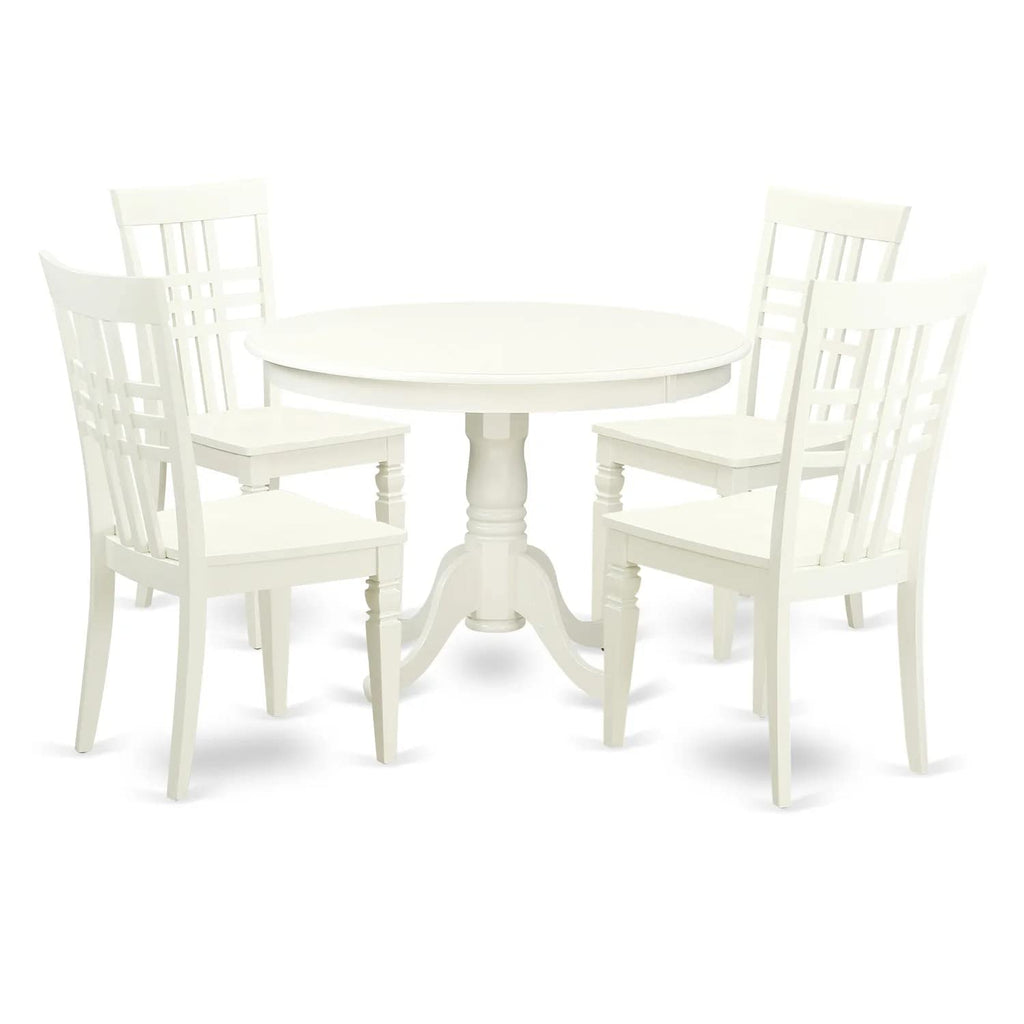 East West Furniture HLLG5-LWH-W 5 Piece Dinette Set for 4 Includes a Round Dining Room Table with Pedestal and 4 Dining Chairs, 42x42 Inch, Linen White