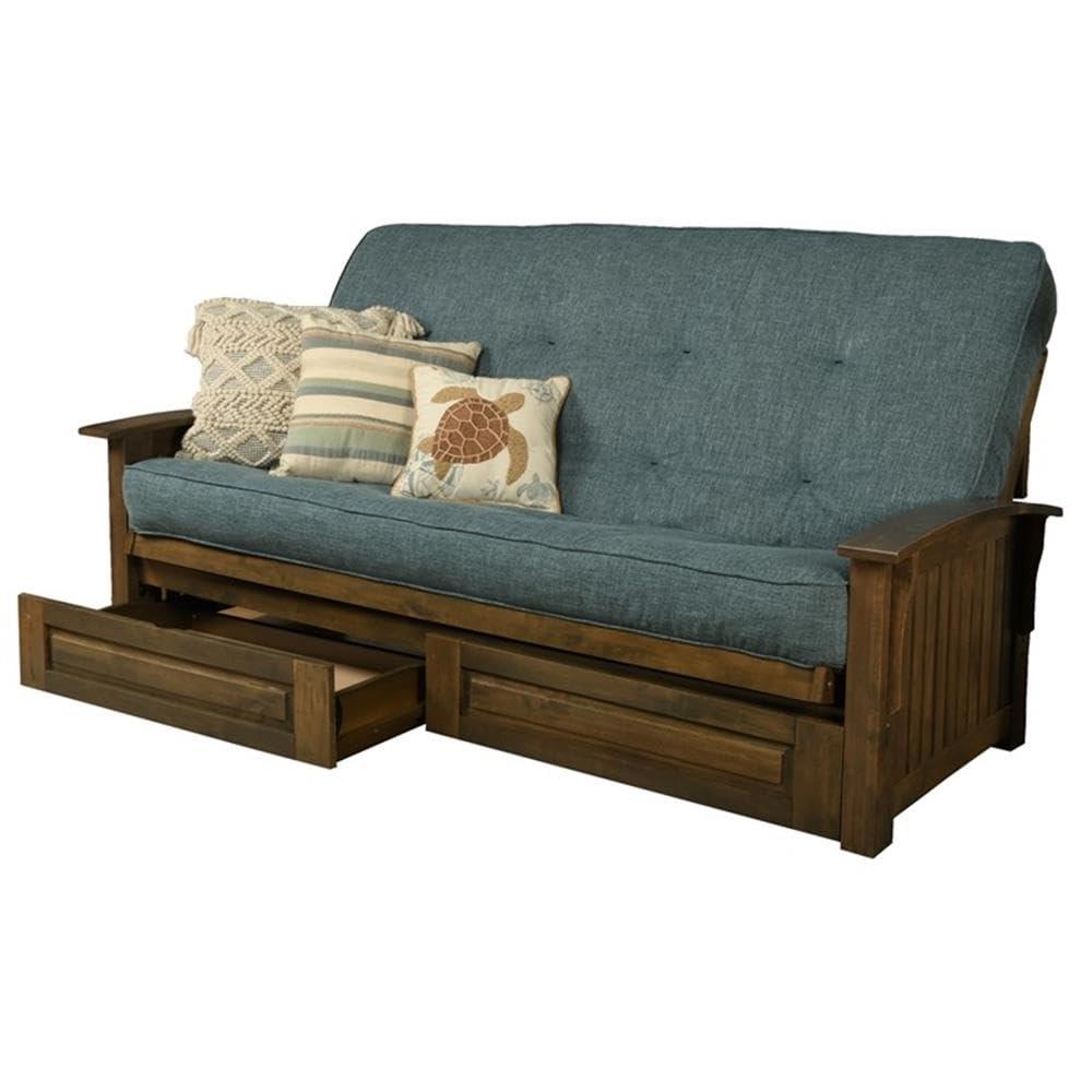 Kodiak Furniture Washington Queen Size Futon Frame with Storage Drawers - Wood Futon Frame with Mattress Included in Aqua Blue Color