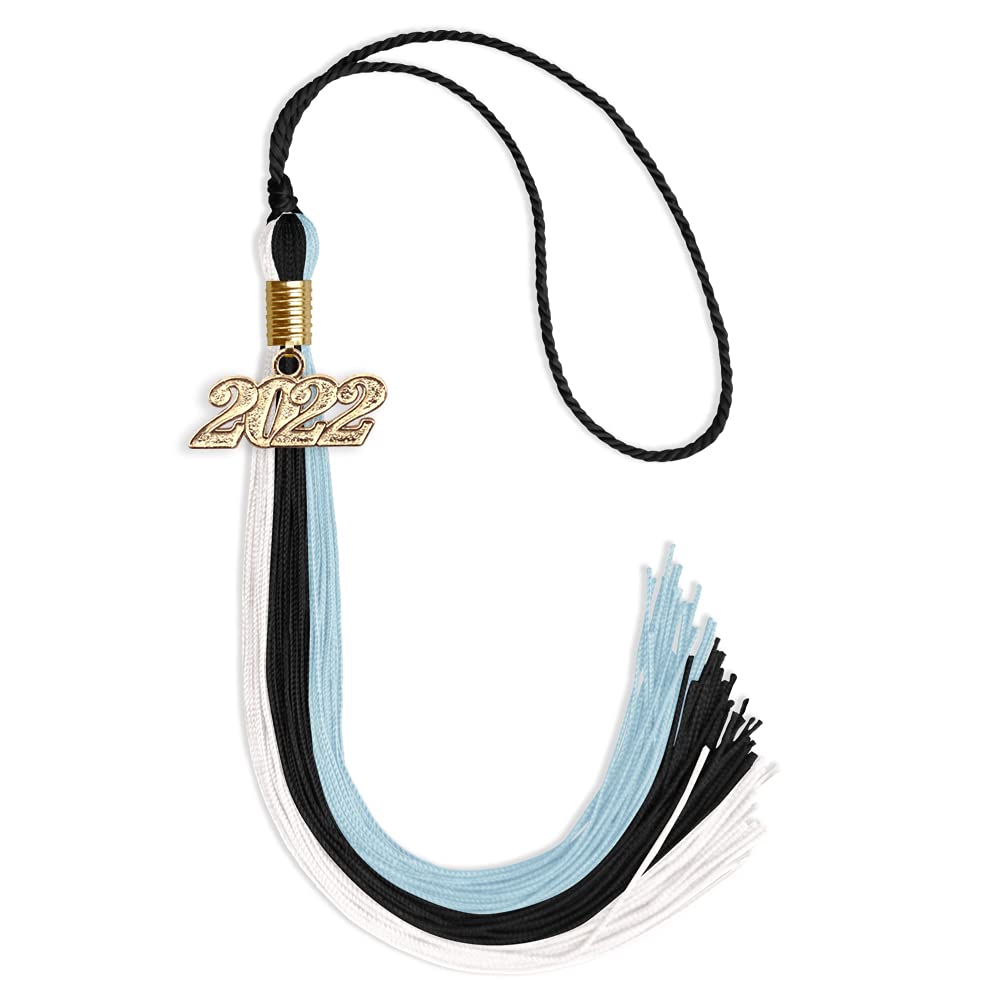 Endea Graduation Triple Color Tassel with Gold Date Drop (Black/Light Blue/White, 2022)
