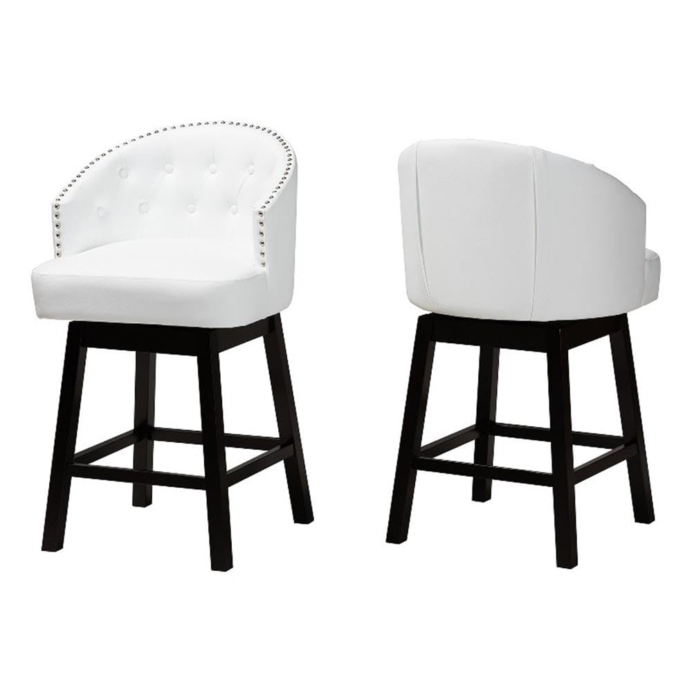 Baxton Studio Theron Mid-Century Transitional White Faux Leather And Espresso Brown Finished Wood 2-Piece Swivel Counter Stool Set