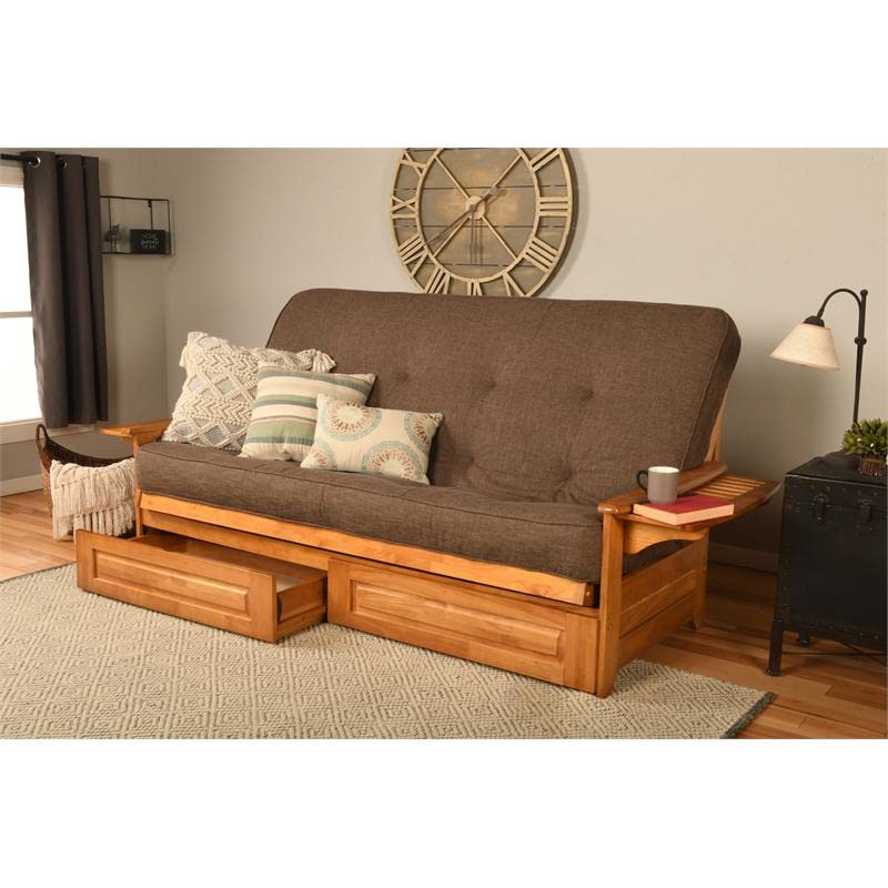 Kodiak Furniture Phoenix Queen Butternut Wood Storage Futon-Linen Cocoa Mattress