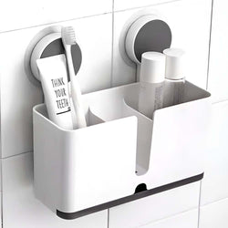Self Adhesive Bathroom Shelf with Double Toothbrush Holder, Wall Mounted Storage Rack, DrillFree Adhesive Bathroom Organizer fo