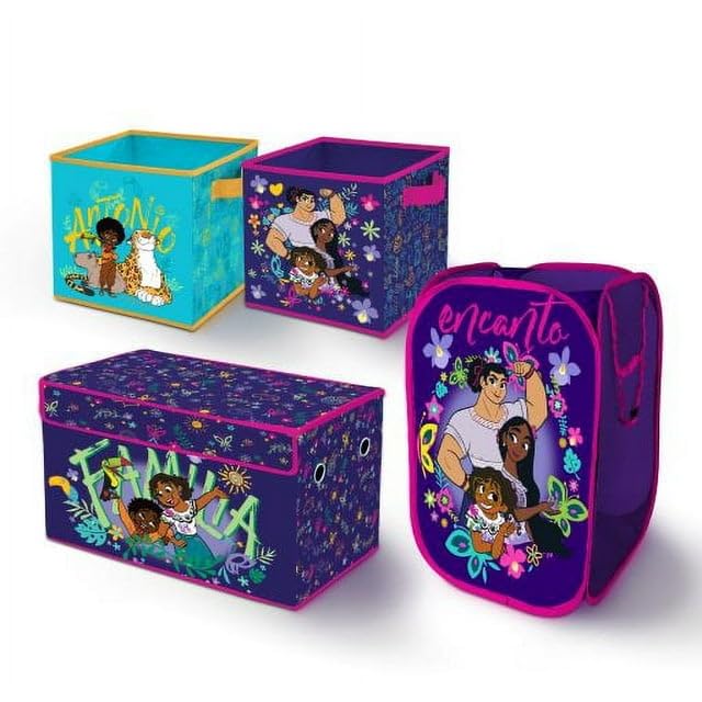 Idea Nuova Disney Encanto 4 Piece Kids Room Collapsible Storage Set with Trunk,Pop Up Hamper and 2 Cubes