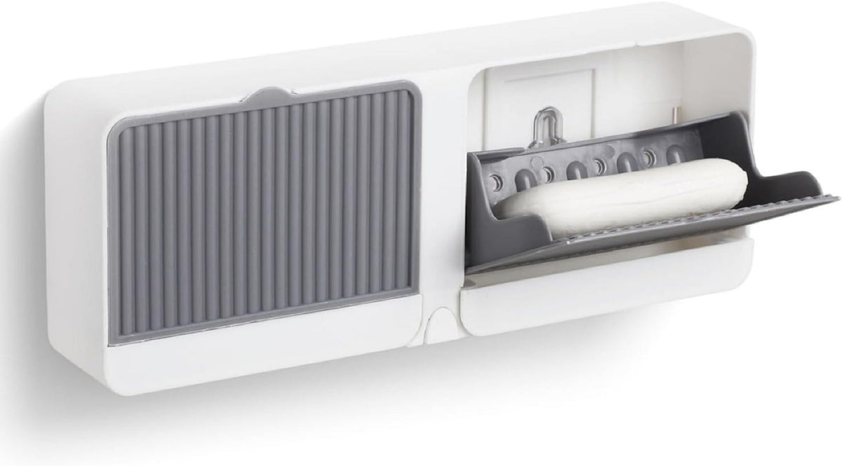 Wall Mounted Soap Holder Box With Lid And PullOut Drain Tray, Adhesive Wall Installation Soap Case With Hook, Bathroom Bar Soap