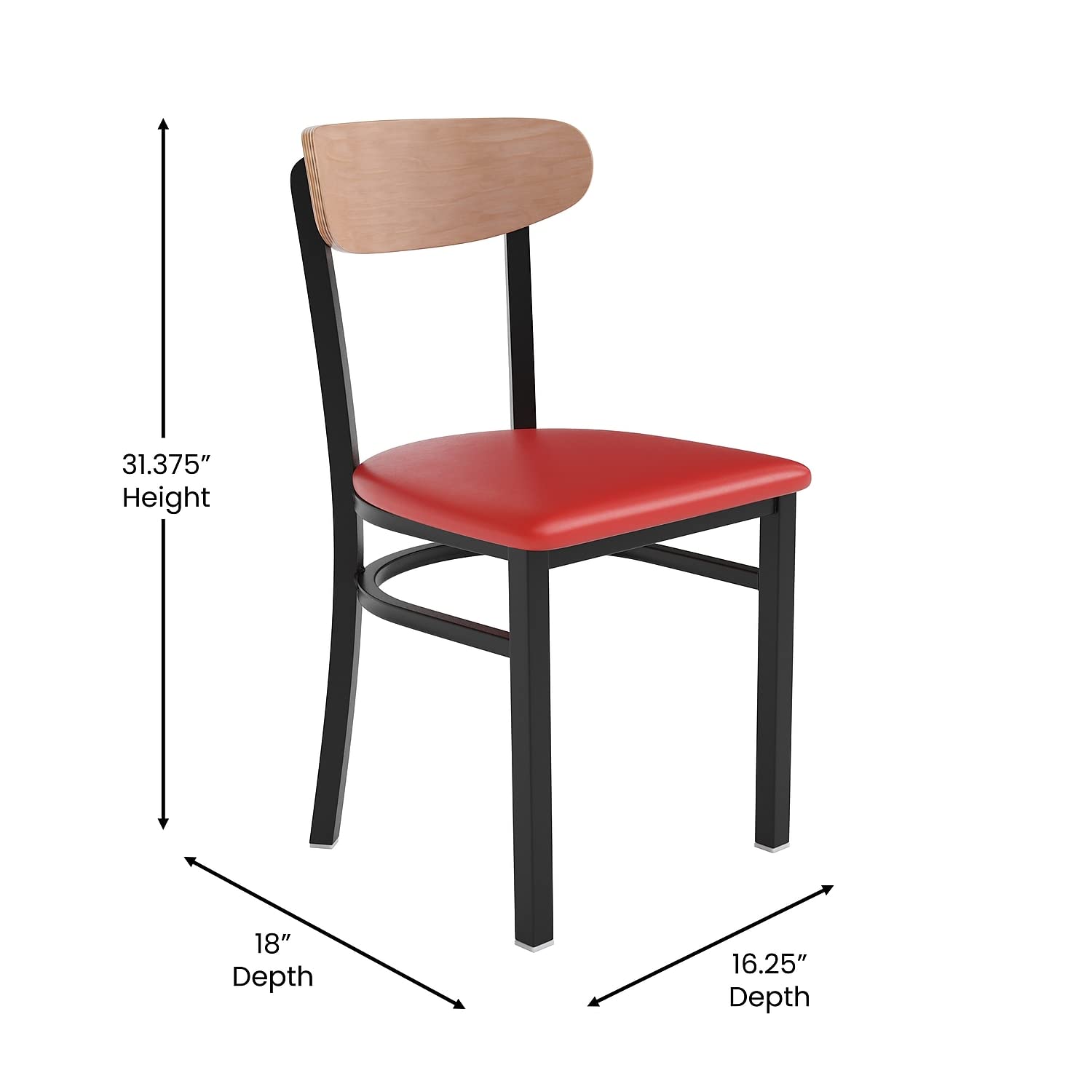 Flash Furniture Wright Commercial Dining Chair 522 LB. Capacity Black Steel Frame-Integrated Footrest, 1 Pack, Natural Birch Wood Back/Red Vinyl Seat