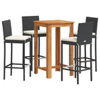 vidaXL 5-Piece Outdoor Patio Bar Set - Black PE Rattan Stools & Solid Acacia Wood Table with Cream White Cushions