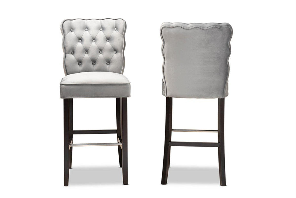 Baxton Studio Daphne Modern and Contemporary Dark Grey Velvet Fabric Upholstered and Dark Brown Finished Wood 2-Piece Bar Stool Set