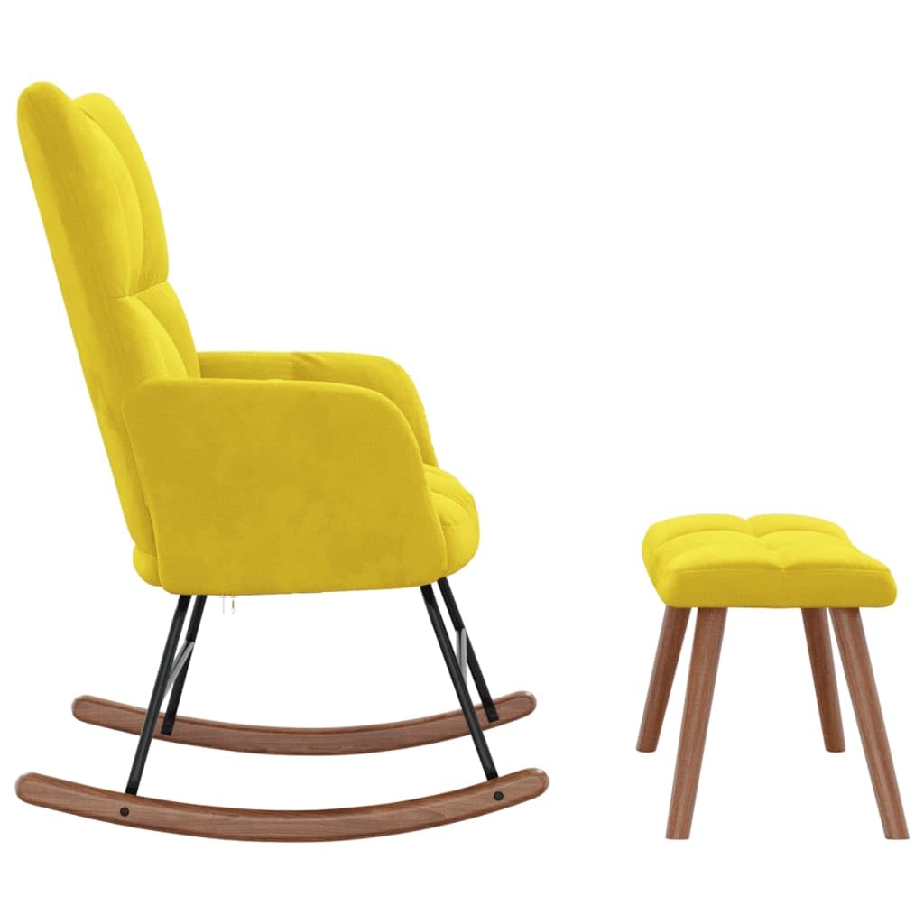 vidaXL Stylish Mustard Yellow Velvet Rocking Chair with Matching Stool Set - Comfortable Foam Padding, Steel Frame, and Wood Rocking Rails