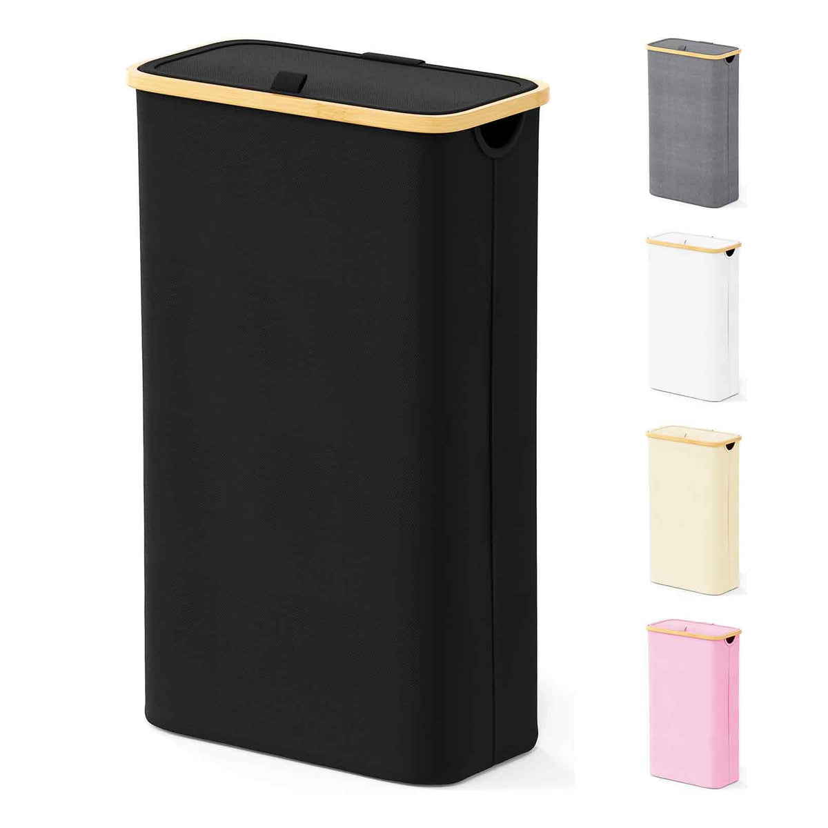 Spaceaid Slim Laundry Hamper With Lid, 65L Narrow Clothes Basket Bin With Bamboo Handles, Skinny Tall Collapsible Hamper For Bed