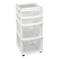 HOMZ Drawer Tower, 4-Tier Clear Plastic Storage Organizer Cart, White Frame