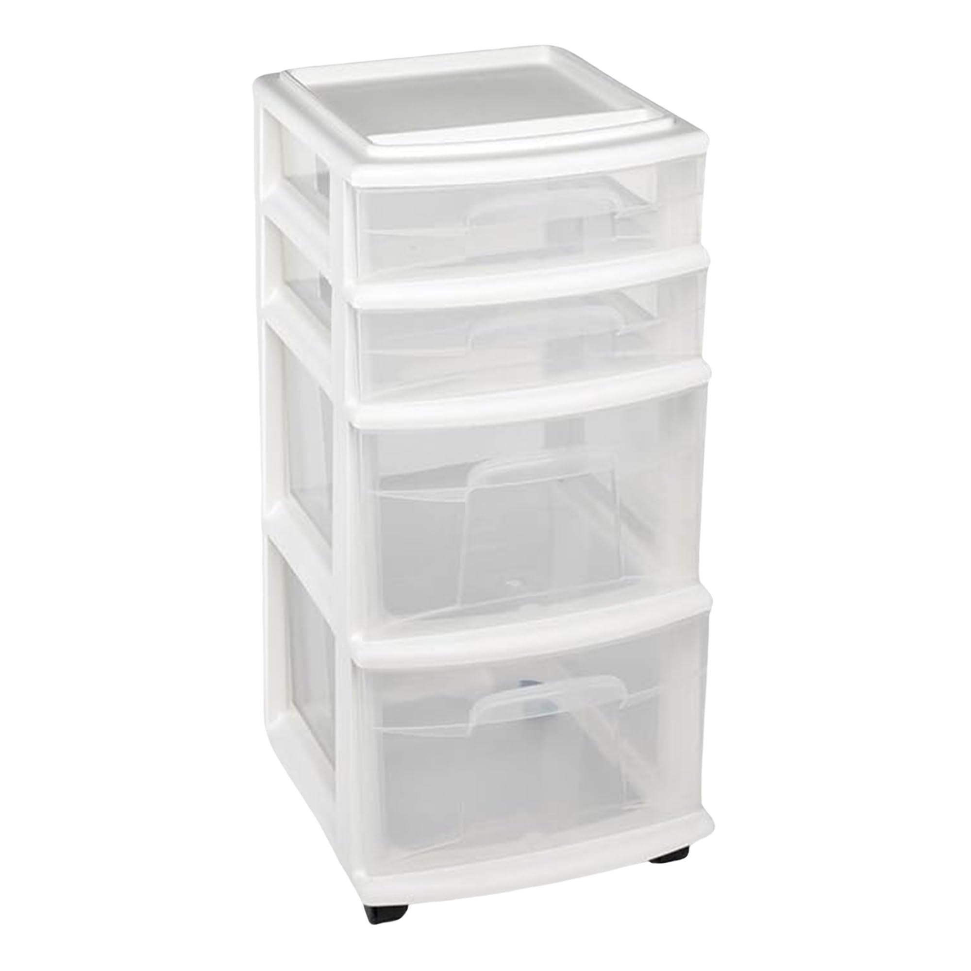 HOMZ Drawer Tower, 4-Tier Clear Plastic Storage Organizer Cart, White Frame