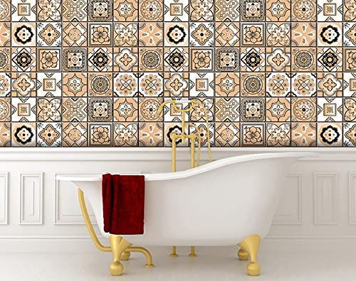 HomeRoots Yellow Vinyl 7' x 7' Shades of Taupe Mosaic Peel and Stick Removable Tiles