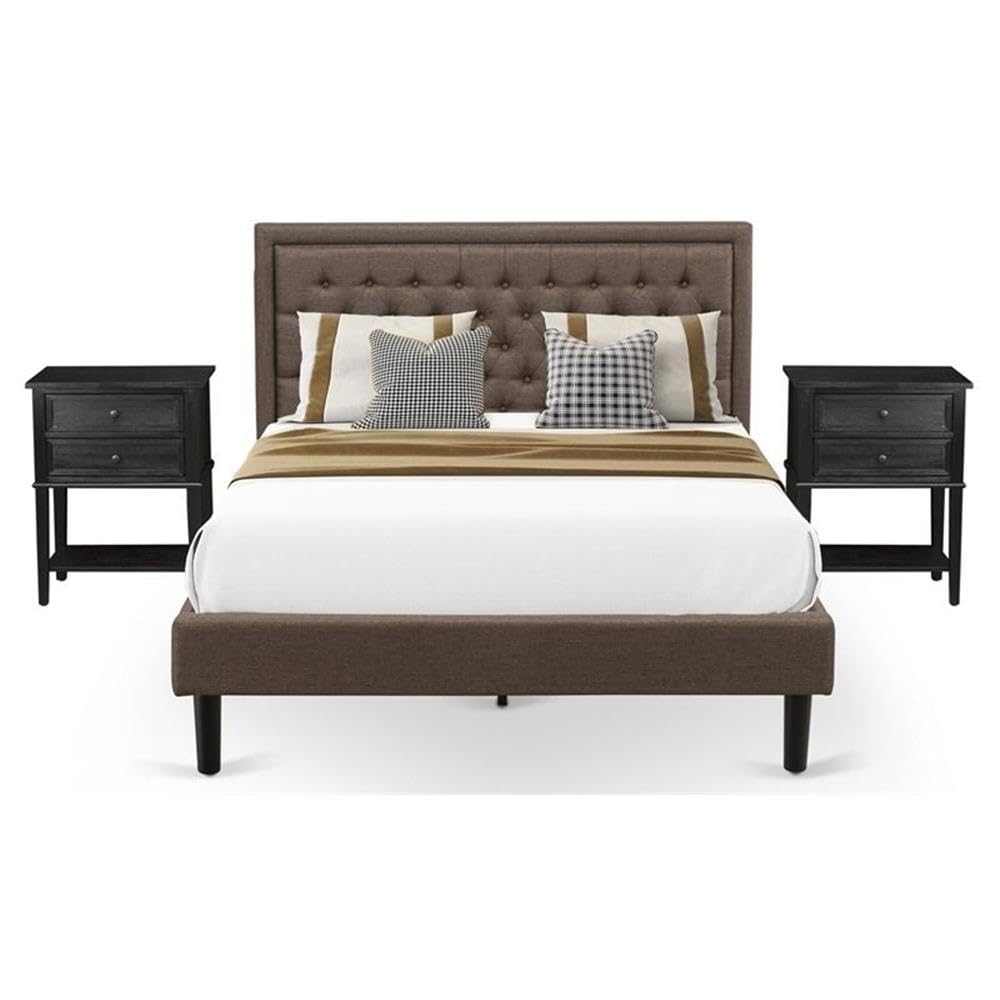 East West Furniture KD18Q-2VL06 3 Piece Bed Set Queen - 1 Queen Size Bed Brown Linen Fabric Padded and Button Tufted Headboard with 2 Mid Century Nightstand - Wire Brushed Black Finish Nightstand
