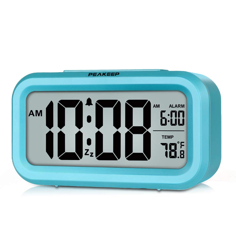 Peakeep Night Light Digital Alarm Clock Battery Operated with Indoor Temperature, Desk Small Clock (Blue)