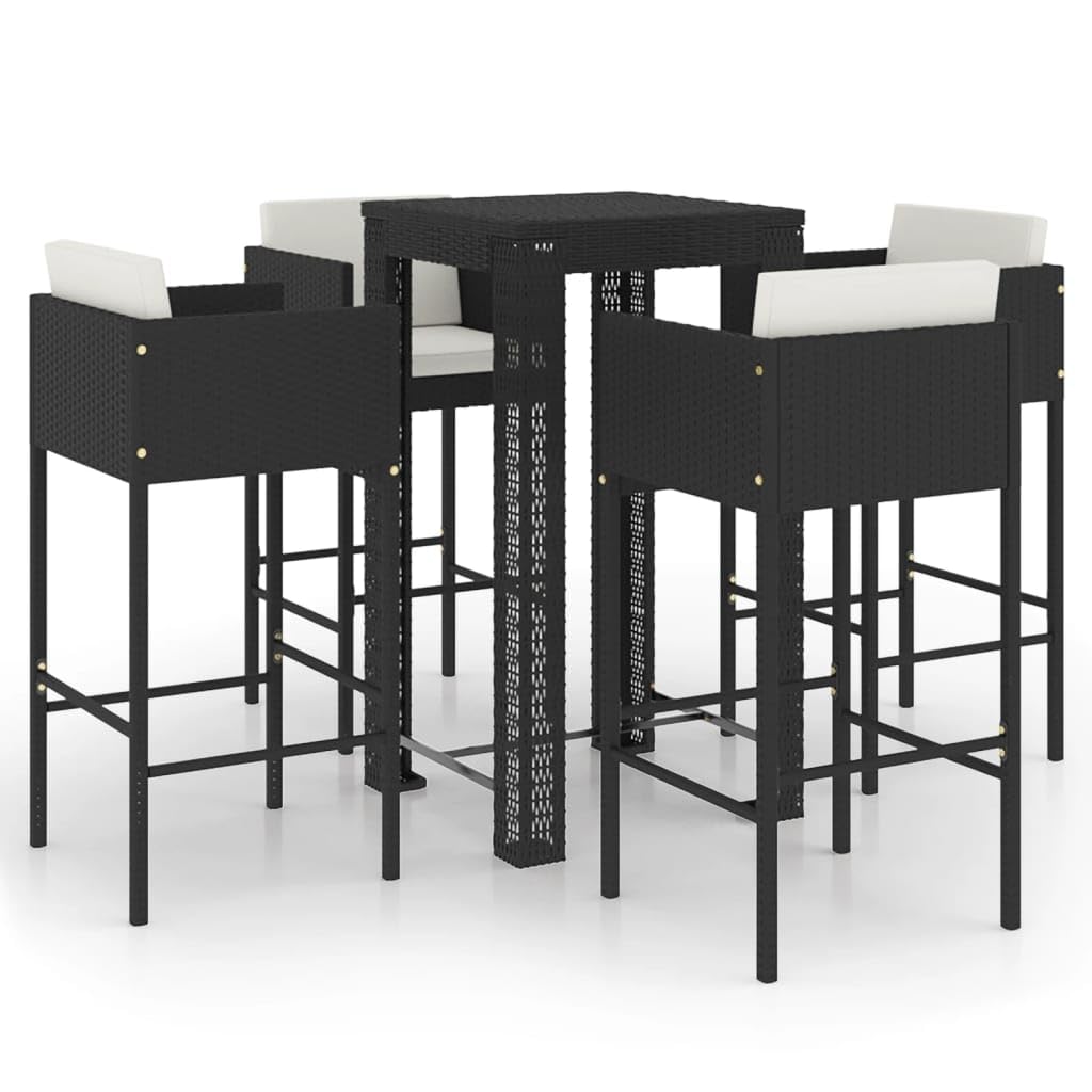 vidaXL Patio Bar Set 5 Piece, Bistro Set for Outdoor Porch Yard, Bar Stool with Cushions, Bistro Table, Farmhouse Modern Style, Poly Rattan Black