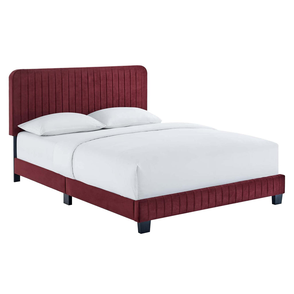 Modway Celine Channel Tufted Performance Velvet Twin Platform Bed in Maroon