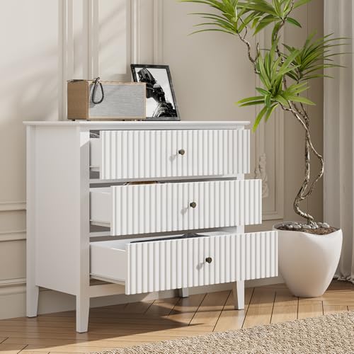 May in Color White 3 Drawer Dresser, Painted 30 Inch Tall Wood Nightstand with Storage, Wide Modern Chest of Drawers with Ball B