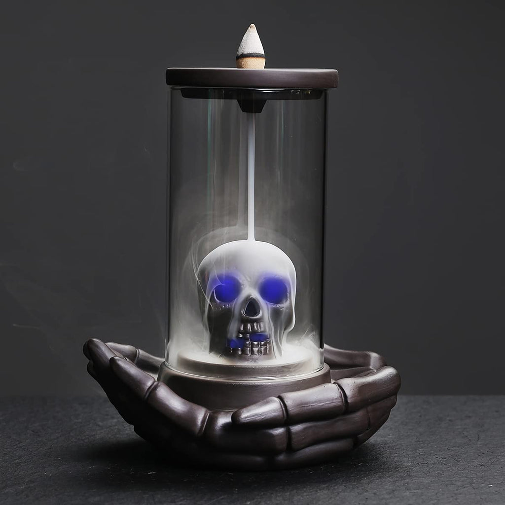 HaisWonsa Skull Incense Burner Holder - Backflow Waterfall , LED Ceramic Unique Skeleton Incense Burner with 15 Incense Cones fo