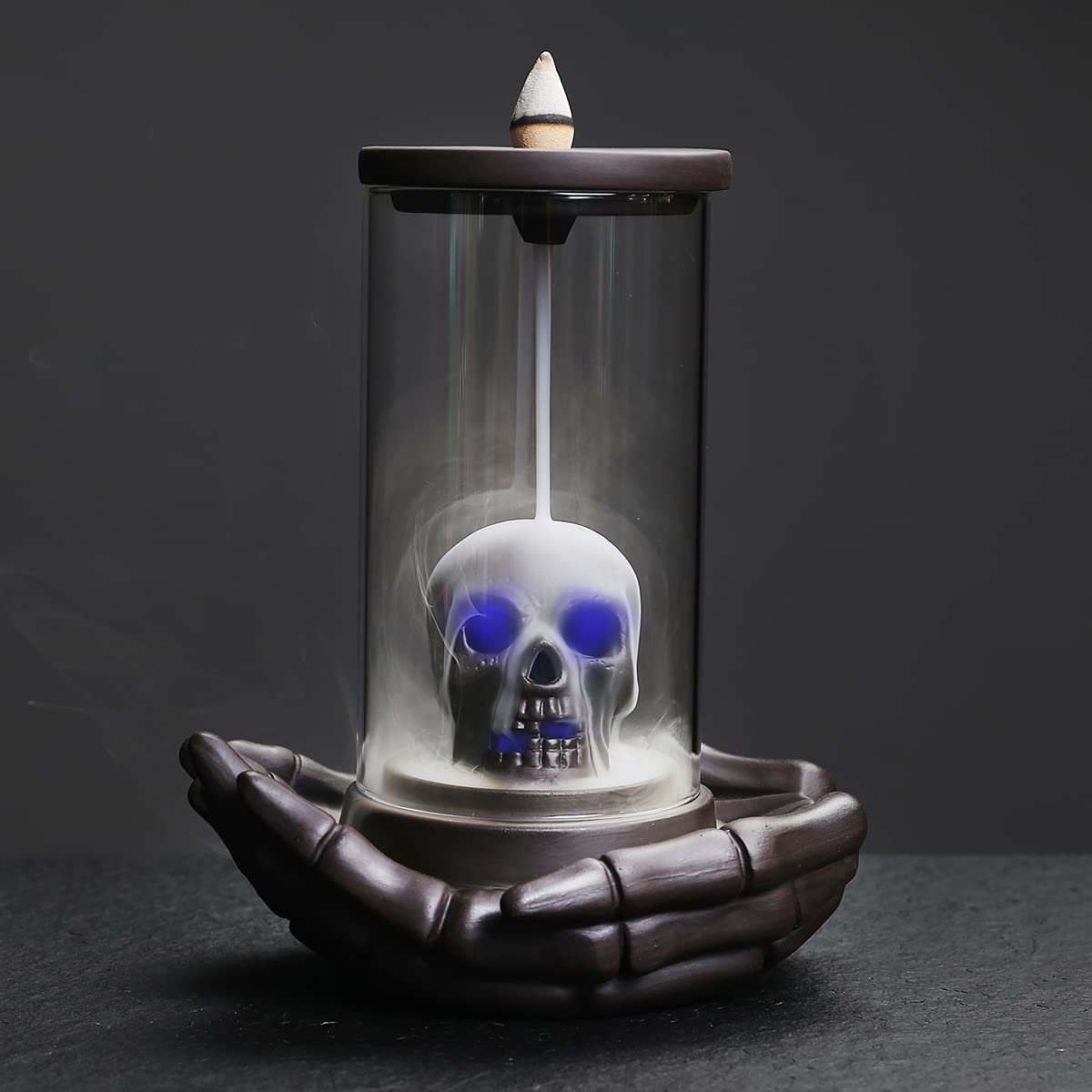 HaisWonsa Skull Incense Burner Holder - Backflow Waterfall , LED Ceramic Unique Skeleton Incense Burner with 15 Incense Cones fo