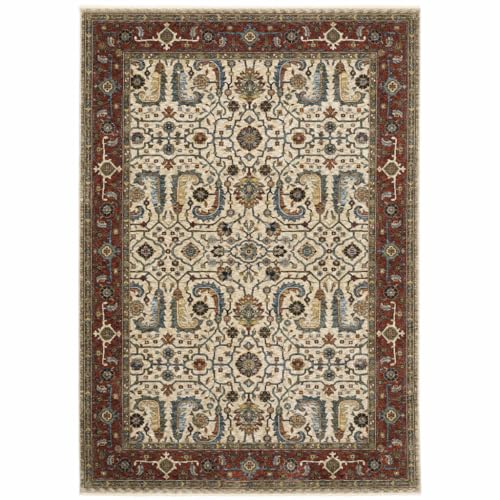 HomeRoots 507987 8 x 11 ft. Ivory Red Green Gray Blue & Navy Oriental Power Loom Stain Resistant Rectangle Area Rug with Fringe