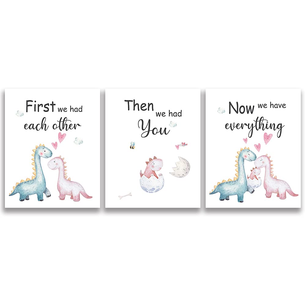 SUUURA-OO Cute Baby Dinosaur Watercolor Art Print poster, Set of 3 (8   X10   ) Balloon Dinosaur Family Love Quote Wall Art Post