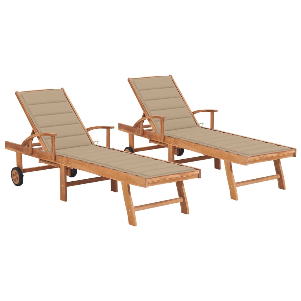 vidaXL Set of 2 Sun Loungers with Cushions - Adjustable and Wheeled Solid Teak Wood Sunbeds - Rustic Patio and Garden Furniture