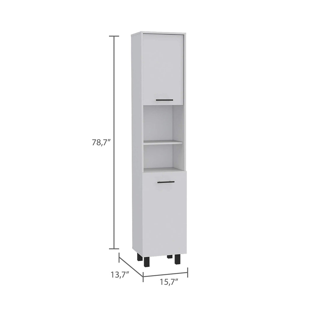 Kitchen Pantry 79" H, 2 Open Storage Shelves, 3 Internal Shelves, 2 Doors, 4 Legs, White