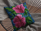 HomeRoots Hot Pink On Blue 20â€ Pink Blue Hibiscus Suede Decorative Throw Pillow