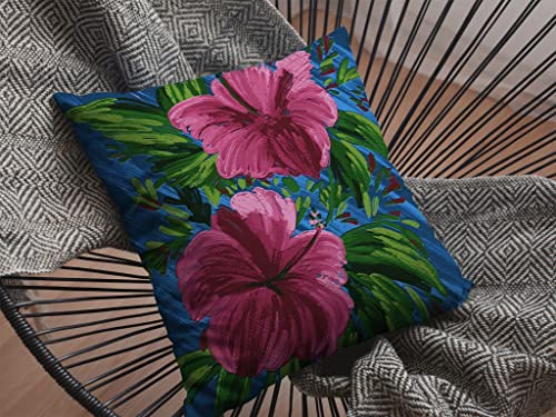 HomeRoots Hot Pink On Blue 20â€ Pink Blue Hibiscus Suede Decorative Throw Pillow
