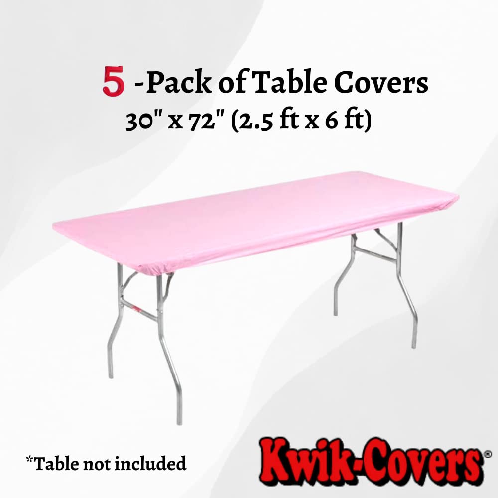 Kwik-Covers 5 Pack Of Rectangular Plastic Table Covers Bundle - 70 Paper Napkins Included - For 6' Foot Or 8' Foot Tables - (Table Not Included) (Pink, 30' X 72' (6' Foot Table))