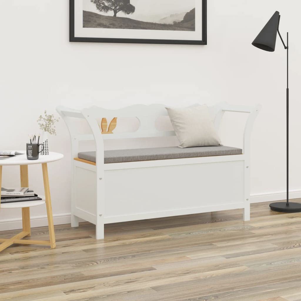 vidaXL White Bench with Storage, Comfort Backrest and Armrests, Solid Wood and Moisture-Resistant Engineered Wood, Ideal for Hallways, Living Room or Patio