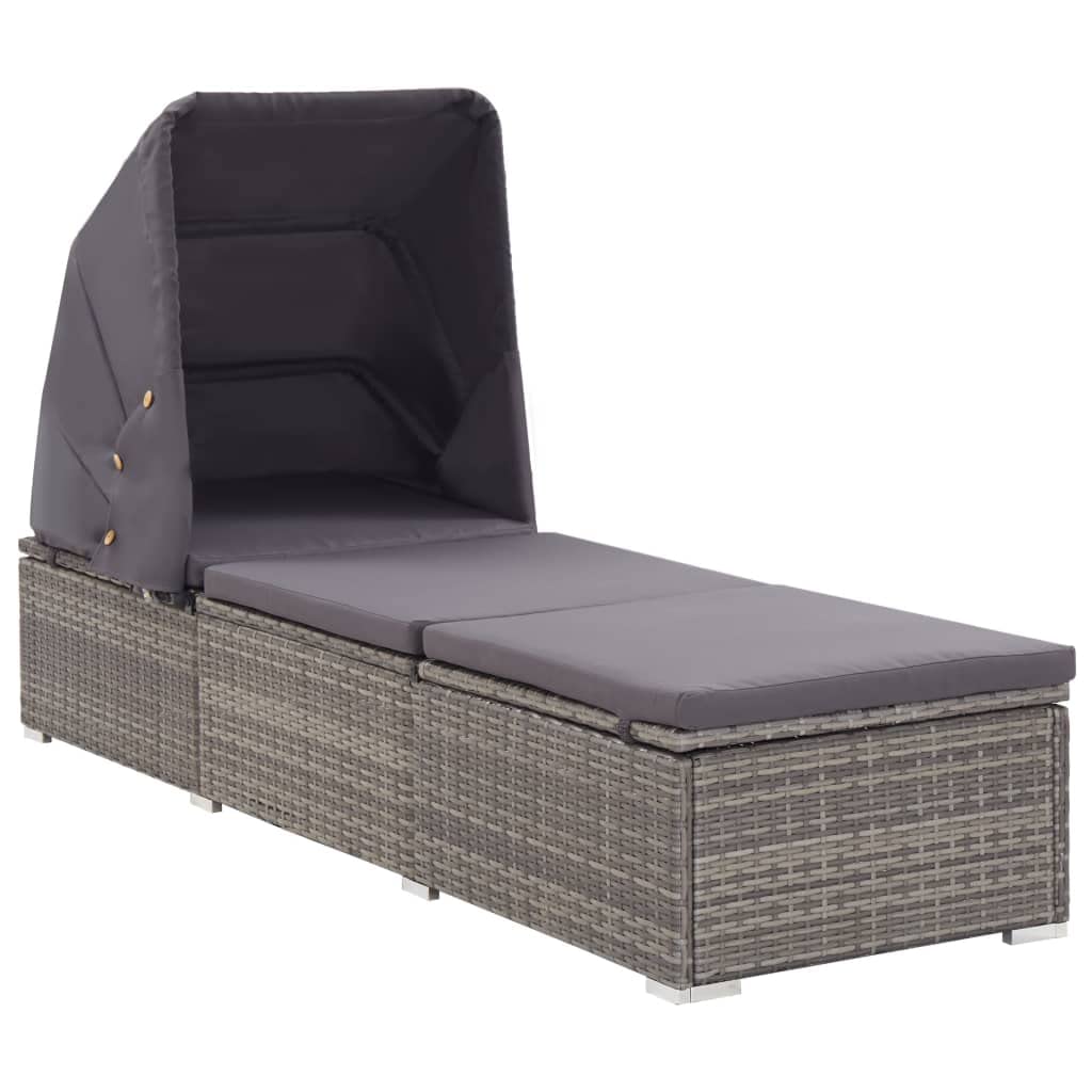 vidaXL Poly Rattan Sun Lounger with Canopy and Cushion  Weather Resistant, EasytoClean Outdoor Lounger with Adjustable Positi