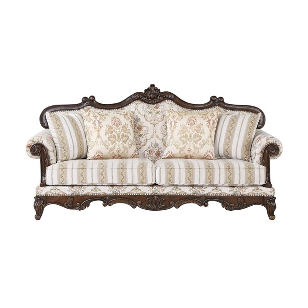 Acme Nayla Fabric Floral Upholstered Rolled Arms Sofa with 4 Pillows Walnut