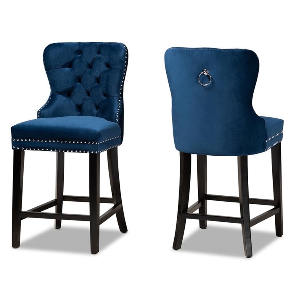 Baxton Studio Howell Modern Transitional Navy Blue Velvet Upholstered And Dark Brown Finished Wood 2Piece Counter Stool Set