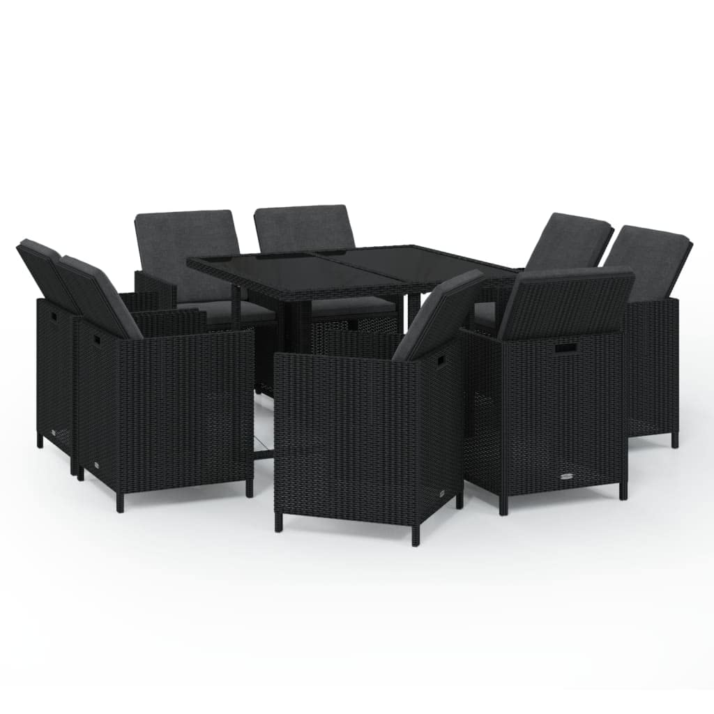 vidaXL Patio Dining Set 9 Piece with Cushions Garden Outdoor Terrace Balcony Dinner Table and Chair Seat Seating Furniture Poly Rattan Black