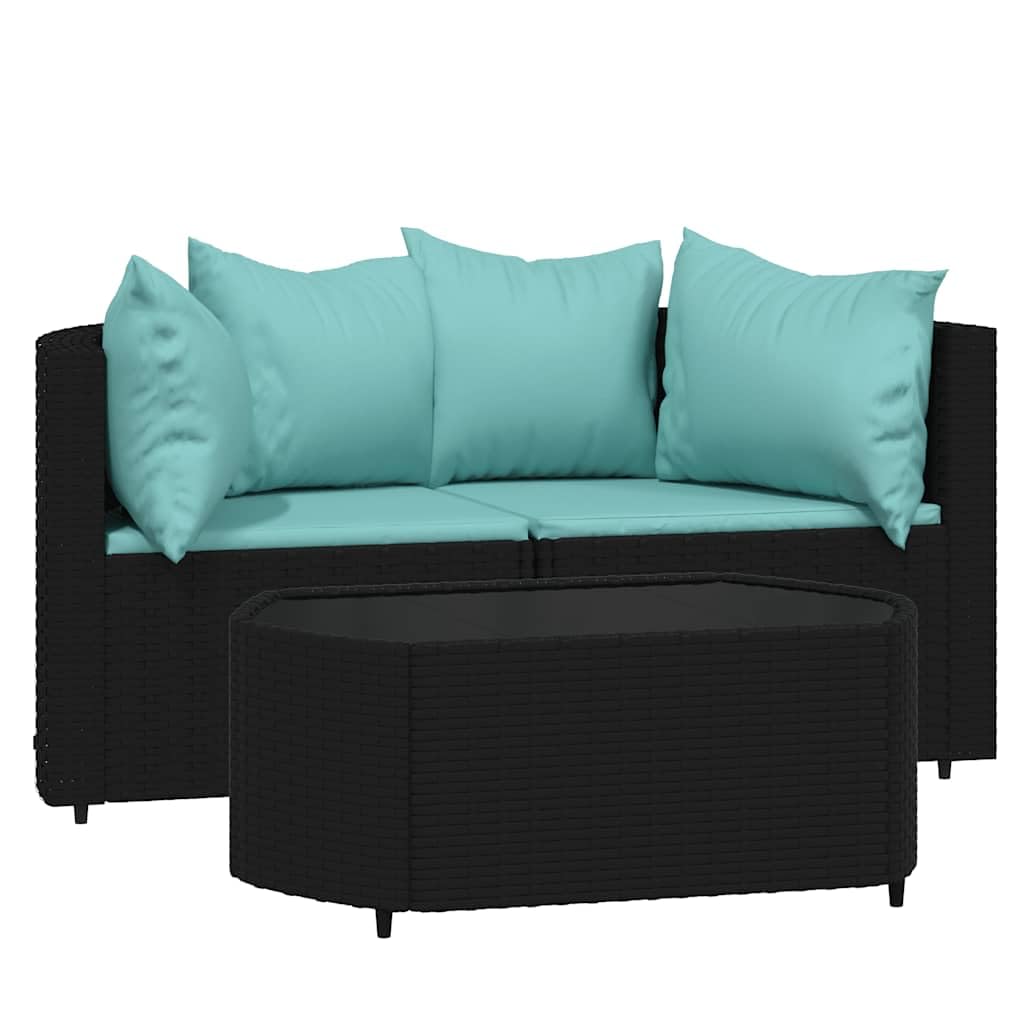 vidaXL Patio Loveseats 2 Pcs Sectional Furniture with Cushions - Black Poly Rattan, Foam and Fiber Cotton Filling, Outdoor Corne