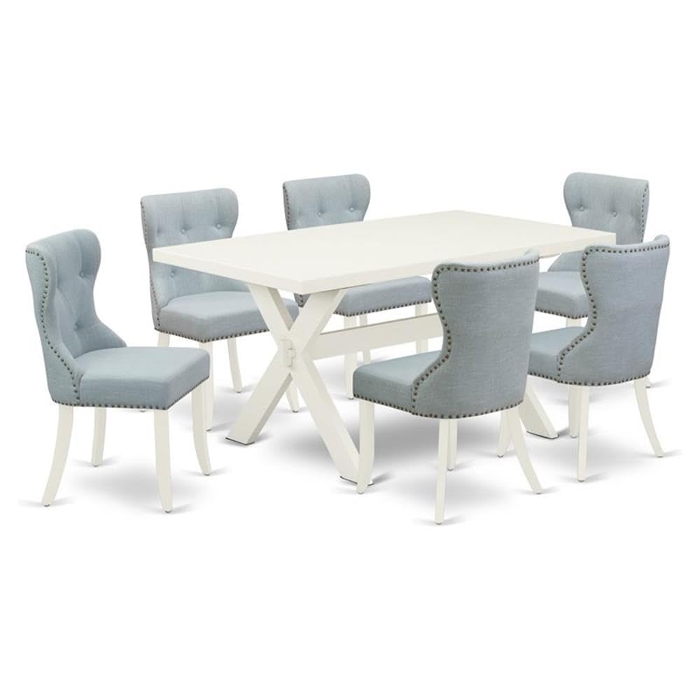 East West Furniture X026SI215-7 7 Piece Dinette Set Consist of a Rectangle Dining Table with X-Legs and 6 Baby Blue Linen Fabric