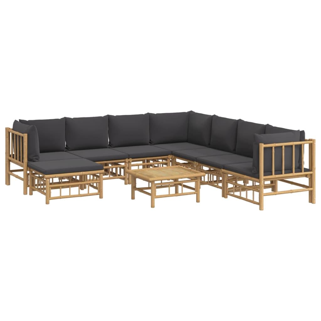 vidaXL Bamboo Patio Lounge Set with Natural Oil Finish - 9 Piece Outdoor Furniture with Dark Gray Cushions, Comfortable Seating with Backrest and Armrests, Sturdy Table Included - Farmhouse Style