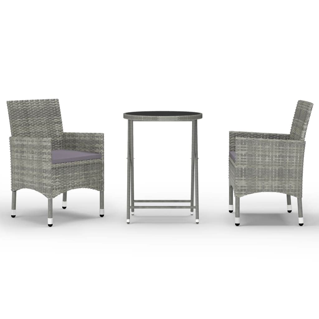 vidaXL Patio Bistro Set 3 Piece, Outdoor Bistro Table for Porch, Patio Furniture Set with Table, Chair, Modern Style, Poly Rattan&Tempered Glass Gray