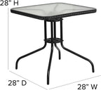 28 Square Glass Metal Table with Black Rattan Edging and 4 Black Rattan Stack Chairs