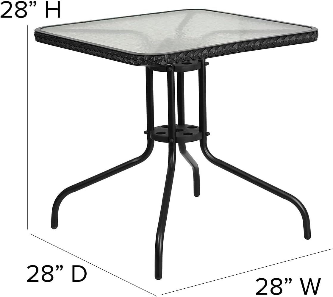 28 Square Glass Metal Table with Black Rattan Edging and 4 Black Rattan Stack Chairs