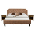 East West Furniture GB28K-2GA08 3-Piece Granbury Wooden Set for Bedroom with Button Tufted Bed Frame and 2 Antique Walnut Bedroom Nightstands - Brown faux Leather with Brown Texture and Black Legs